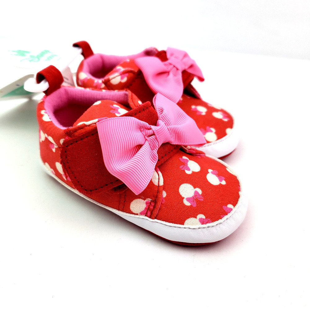 Disney Infant Baby Size 9-12 Months Red Pink Minnie Mouse Bow Slipper Shoes